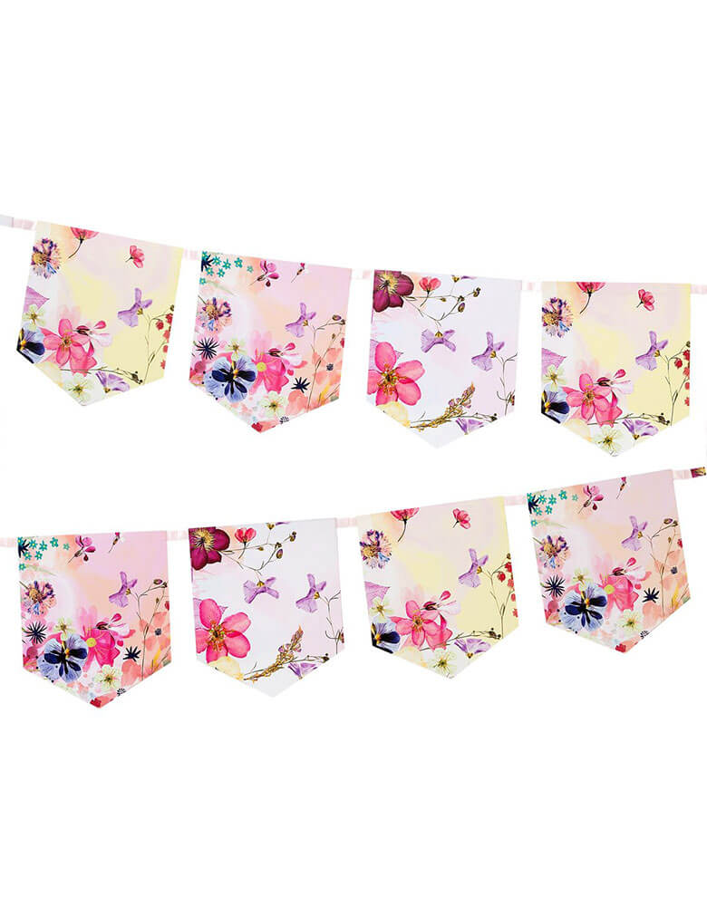 A close up shot of Talking Tables 10 ft Blossom Girls Floral Garland featuring flowers, butterflies in water color design
