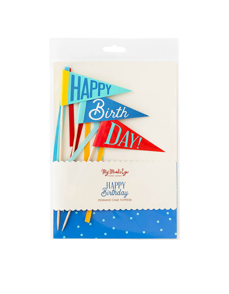 My Mind's Eye Blue Birthday Cake Toppers in a set of 3 in cheerful colors of sky blue, navy and red, with message of Happy Birthday Day on each pennant