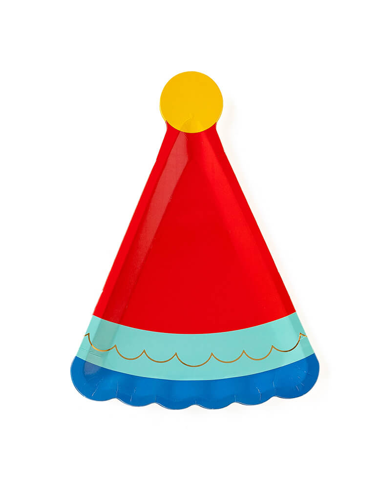 My Mind's Eye Blue Birthday Hat die-cup Shaped Plates with gold foil accent, a perfect size to serve birthday cake with!