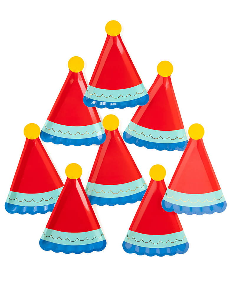 A set of 8 My Mind's Eye Blue Birthday Hat die-cup Shaped Plates with gold foil accent, a perfect size to serve birthday cake with!