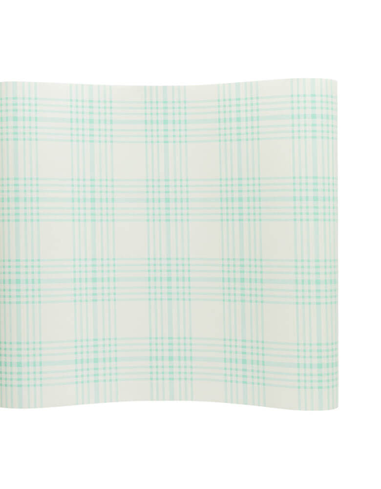 Details of Blue Plaid Paper Table Runner by My Mind's Eye. Size: 16 x 120 inches. Featuring a cream backdrop and pastel blue plaid, this runner is the perfect accent for your table top for your upcoming event