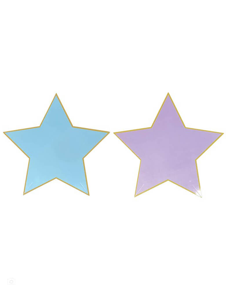Momo Party's Blue and Purple Star Plates by Party Partners. These die-cut blue and purple star plates are embellished with shiny gold foil trim which adds sparkle to any stylish celebration! They're perfect for a Frozen themed party or a gymnastic themed celebration!