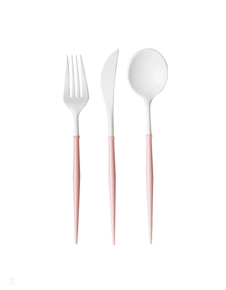 Blush and White Cutlery Set by Sophistiplate. Pack of 24 in 3 utensils: 8 forks, 8 knives and 8 spoons. This Reusable, top rack dishwasher safe, disposable plastic cutlery by Sophistiplate is a gorgeous and sleek modern design that elevates any table, place setting, or event. Perfect for Birthday Parties, Date Night, Family Gatherings, Holidays, Parties, BBQ's, Outdoor Entertaining, Kids Parties, and more.