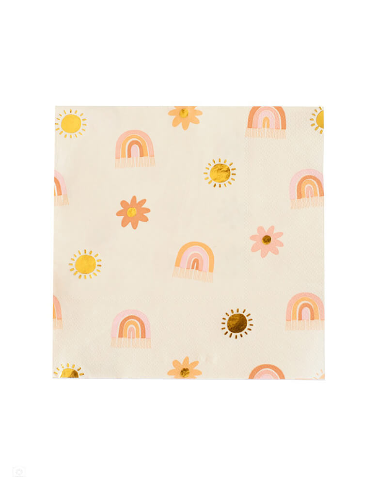 Boho Rainbow Large Napkins featuring daisies, sun, and rainbow in bohemian themed colors