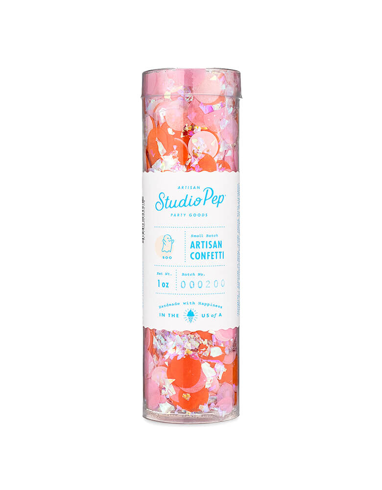 Studiopep Boo Artisan Confetti Tube. A perfect combination of orange, pink, light pink and iridescent shred, this tube of confetti is perfect for your Halloween celebration! Pressed from American-made premium tissue paper.
