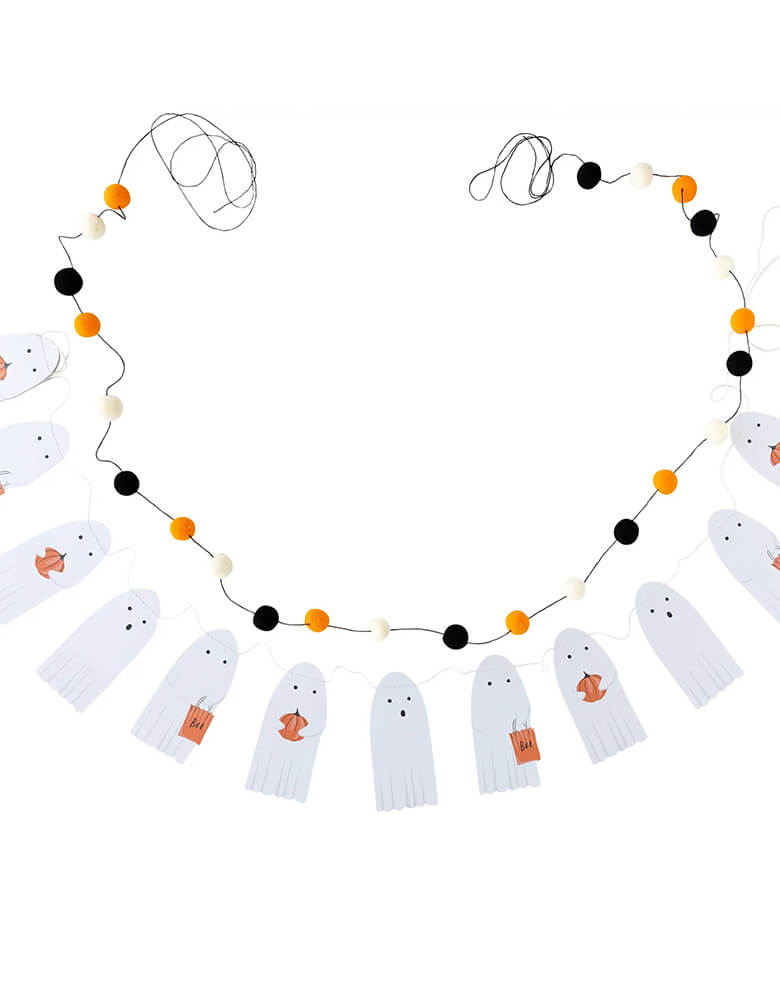 My Mind's Eye Boo Crew Ghost banner. This set includes a die cut banner featuring a spell-binding group of ghosts that will add a spooky effect to any space. And the black, white, and orange pom pom banner will add dimension and a touch of whimsy to make sure that your Halloween party isn't too spooky!