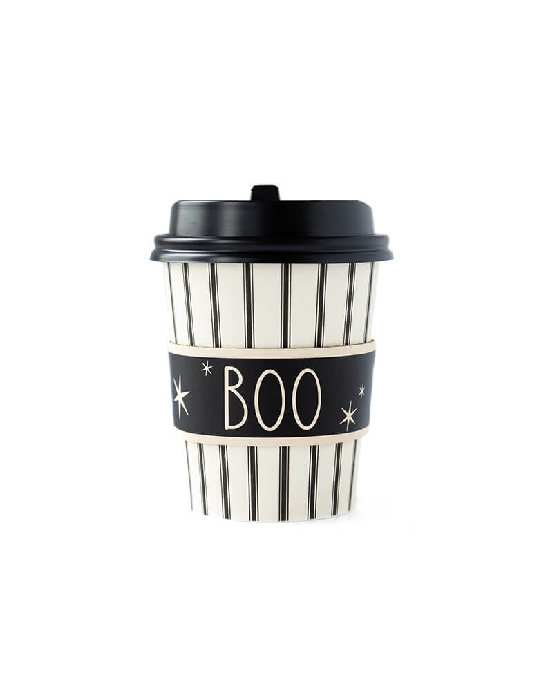 My Mind's Eye - PLLC357- BOO TO-GO COZY CUPS   8 oz coffee cups with sleeves and lids, this halloween To-Go Cozy Cups featuring modern black stripes with sleeve in black print with "BOO" text, super fun and modern coffee cups for halloween season