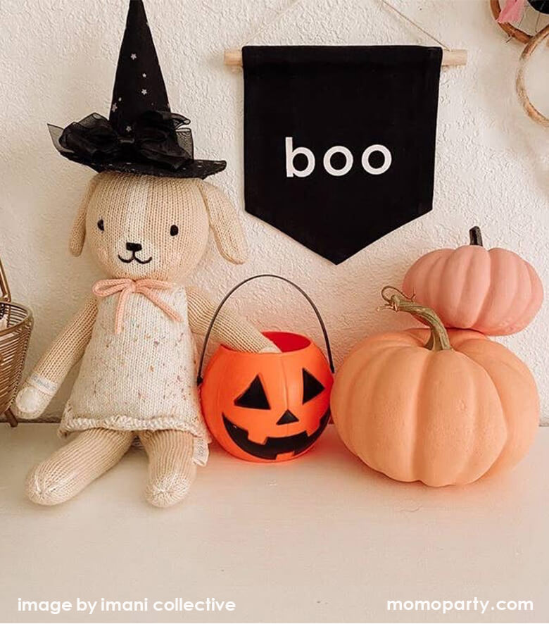 Halloween kid's room decoration with Boo hang Sign and cuddle and kind Mia the dog with a witch head accessory, a pumpkin trick or treat basket, 2 pink pumpkins, from Party Boutique Online at momoparty.com