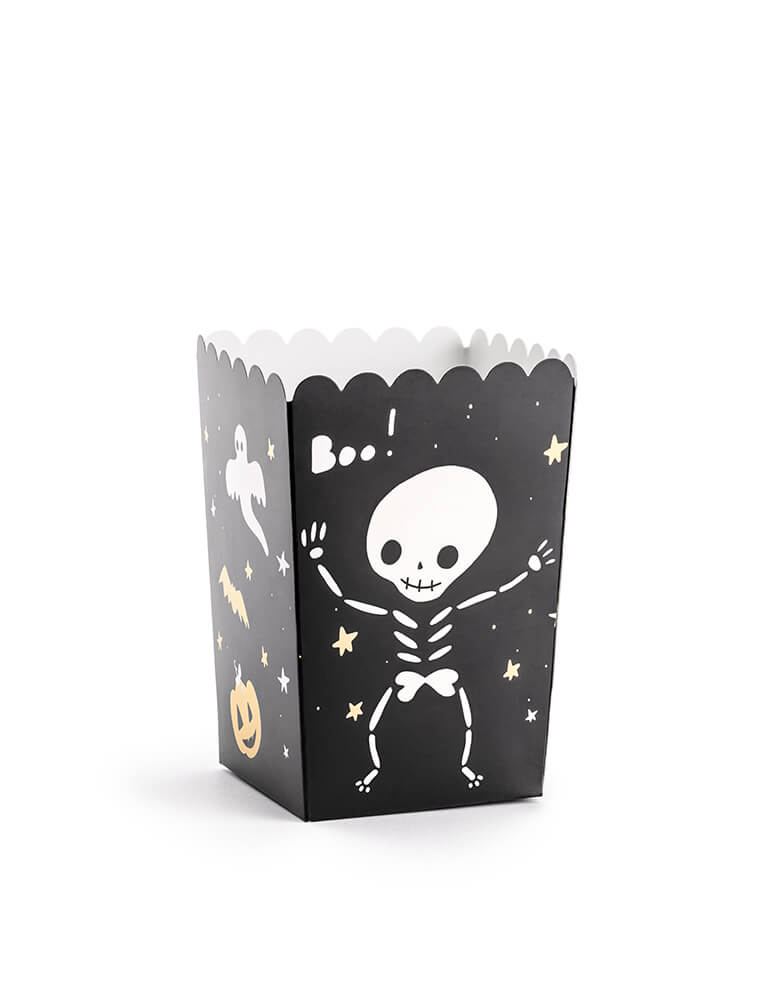 Party Deco Boo Treat Favor Box. Feathering a cute black box with cute skeleton, Boo! ghost and gold pumpkin and bat design. These treat boxes are simply boo-riffic! Great for party treats like candies, popcorns and more. Or use them as favor boxes with goodies to send your little ghost home!