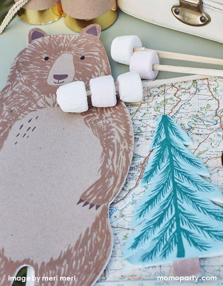 Meri Meri Brown Bear Large Plates with Tree napkins and Smore for a outdoor woodland camping themed party. Featuring a whole body look Brown bear die cut shaped paper plate, They are crafted from uncoated art paper for a natural look. They are ideal for a woodland themed party, Camping theme party or whenever you want to bring the beauty of nature to the party table.