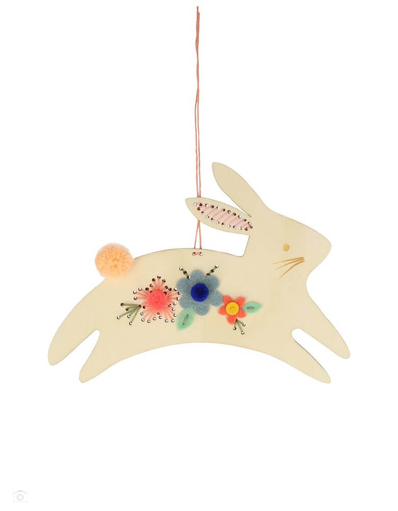 Meri Meri Bunny Embroidery Kit. Crafted a Leaping  Bunny shape from plywood, with holes for the embroidering. It's a wonderful creative gift that is fun to make, and is then a fabulous decoration to hang up.