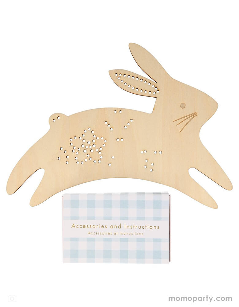 Leaping Bunny shaped plywood, with holes for the embroidering, and accessories and instructions box of Meri Meri Bunny Embroidery Kit