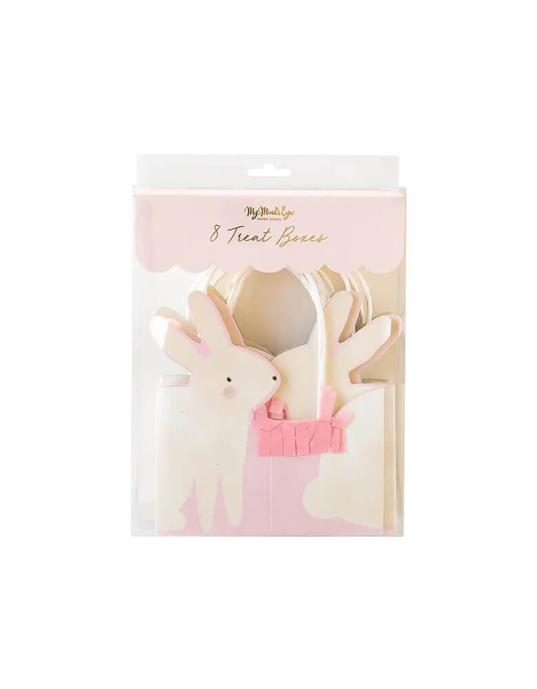 Momo Party's 3" X 3" X 7" bunny treat boxes by My Mind's Eye. Come in a set of 8 mini baskets in two colors of pink and aqua, featuring fringe edges, they also make wonderful mini baskets for your kids this Easter.