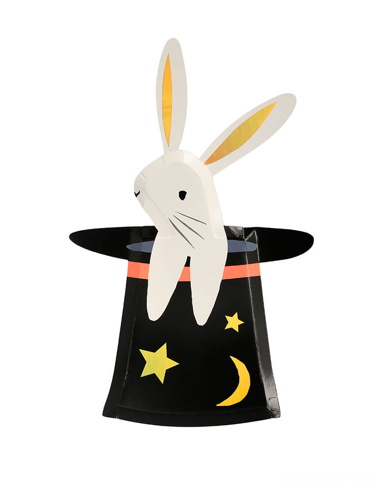 Meri Meri - Bunny in Hat Shaped Plates. Featuring cute bunny inside of the hat with star and moon  die cut shape design. Add a touch of magic to your party table with these fabulous bunny in a hat plates. They are perfect to serve food on, and they make excellent decorations too.