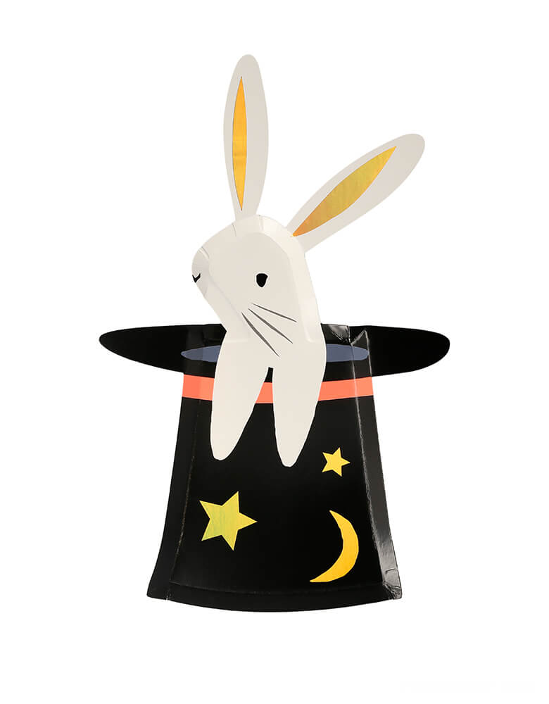 Meri Meri - Bunny in Hat Shaped Plates. Featuring cute bunny inside of the hat with star and moon die cut shape design. Add a touch of magic to your party table with these fabulous bunny in a hat plates. They are perfect to serve food on, and they make excellent decorations too.
