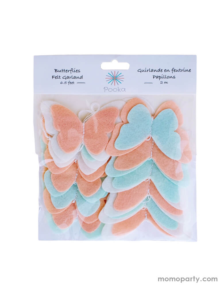Pooka Party - Butterfly Felt Garland in a clear package. Featuring a felt garland with peach, mint and white butterflies, this garland is the perfect addition to our Magical Fairies party collection. It's handmade with high quality felt and can be reused in many ways, so the magic can last beyond the celebration day!