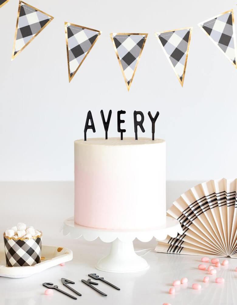 Cake By Courtney Letter-board Cake Toppers on a pink ombre cake with decorations around it