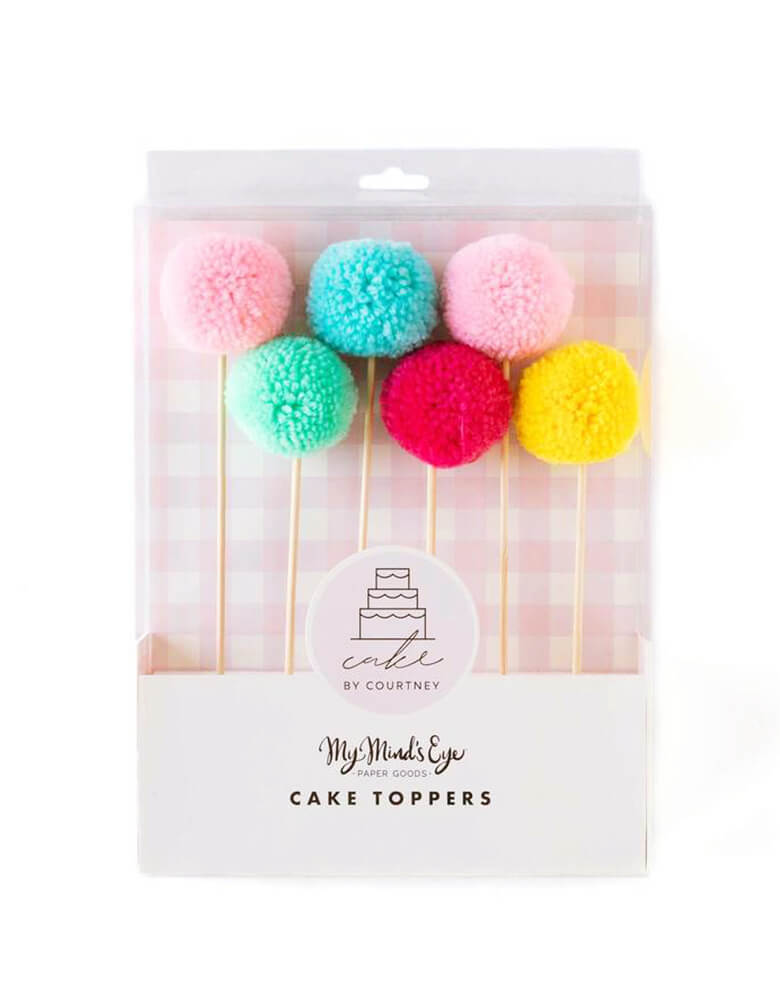 My Minds Eye Cake By Courtney Pom Pom Cake Toppers, Pack of 6 toppers in red, yellow, mint, blue, light pink, and dark pink