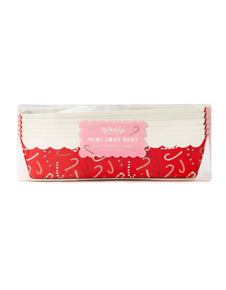 My Mind's Eye - PLFC232 - CANDY CANE LOAF PAN SET. Paper loaf pans are constructed with high quality baking paper with candy cane graphic with red and white colors.. These mini loaf pan are perfect for baking bread or small cakes. Great for baking homemade gifts for friends and family, the holidays, or hostess gifts for dinner parties. Our disposable loaf pans are easy to dress up for gifting with the included plastic bag, tag and twine.