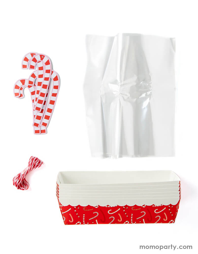 details of My Mind's Eye - PLFC232 - CANDY CANE LOAF PAN SET. Paper loaf pans are constructed with high quality baking paper with candy cane graphic with red and white colors.. These mini loaf pan are perfect for baking bread or small cakes. Great for baking homemade gifts for friends and family, the holidays, or hostess gifts for dinner parties. Our disposable loaf pans are easy to dress up for gifting with the included plastic bag, tag and twine.