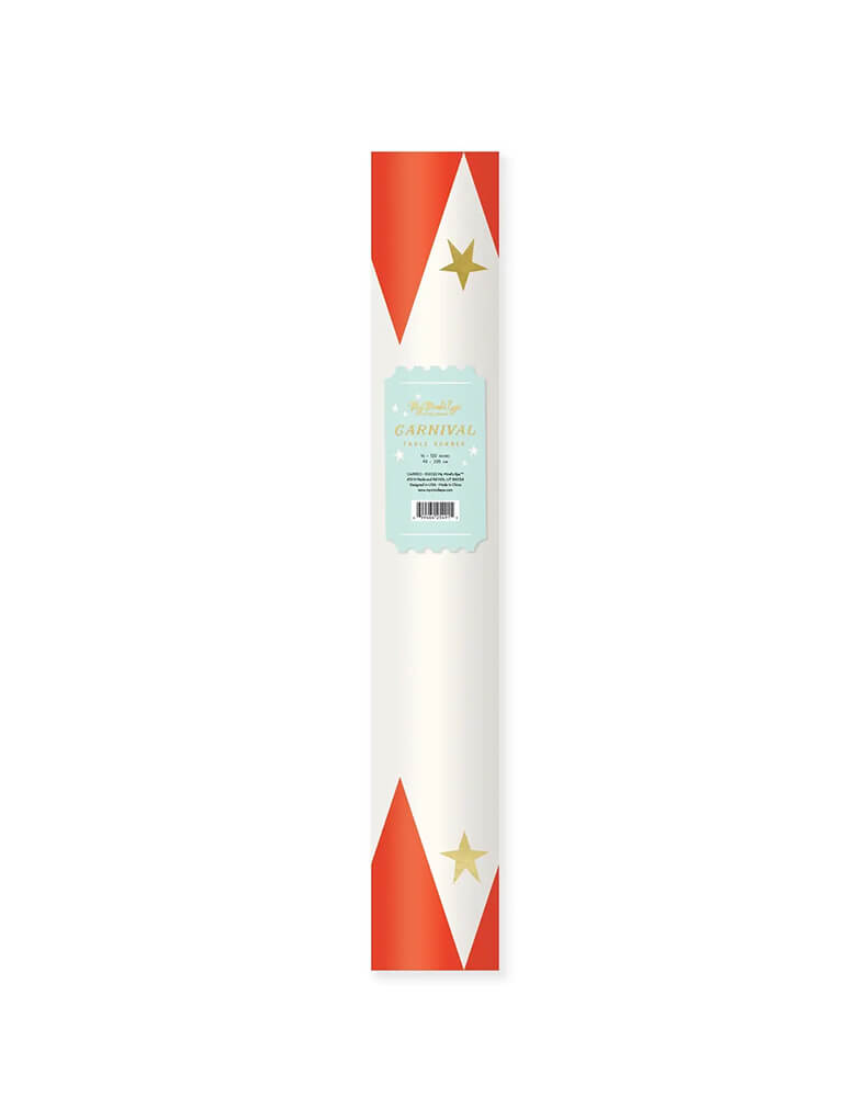 Momo Party's Carnival Paper Table Runner by My mind's eye. in a roll package. Featuring gold foil stars and a carnival inspired print, this table runner is the perfect foundation piece to build a whimsical tablescape around at your next carnival themed celebration