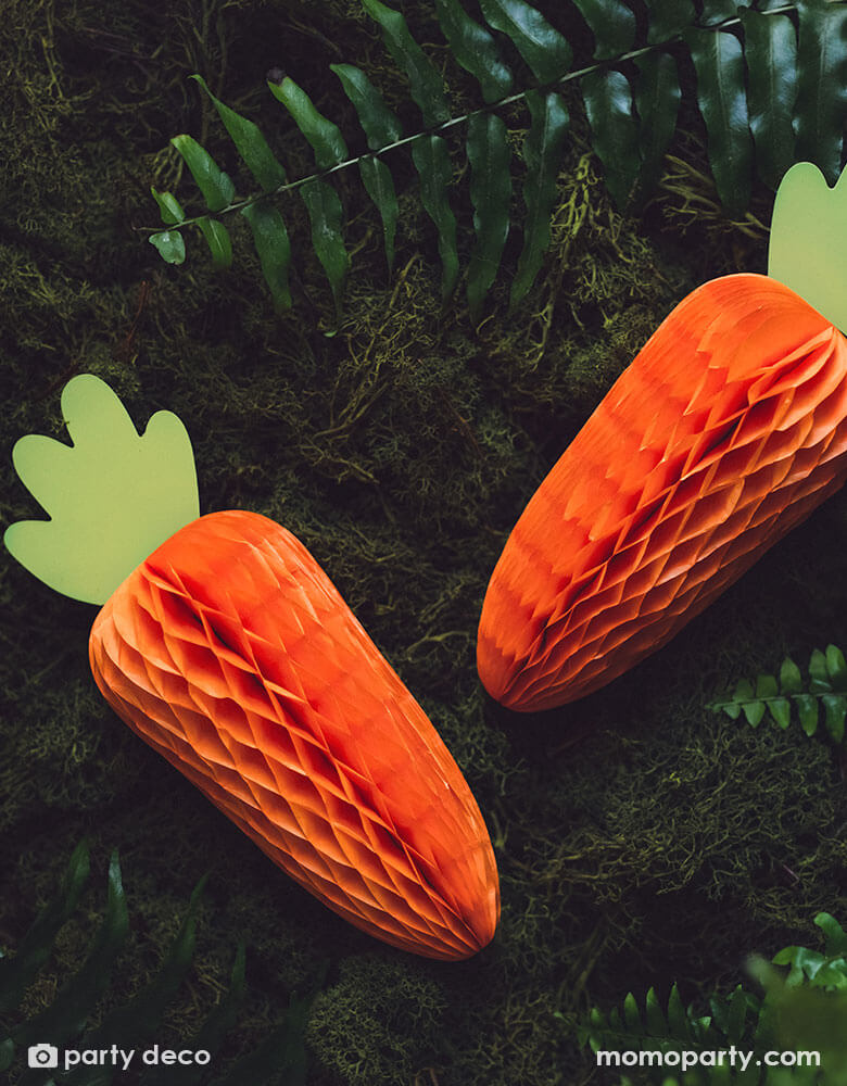 Momo Party's 7.8" carrot honeycomb decoration by Party Deco. This honeycomb carrot decoration is a great way to set the stage for your Easter or spring themed event! Hang it from the ceiling or open half-way to attach to the wall for a fun photo backdrop.