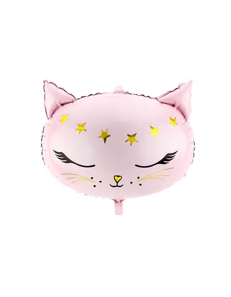 Party Deco - 19 inches Pink Cat Foil Balloon. Featuring adorable pink cat head shaped foil balloon with gold star details. It's perfect for a pet-themed or cat themed party.