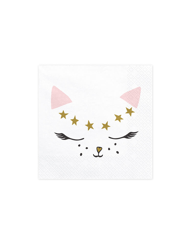 Party Deco - Cat Napkins. These cat napkins feature an adorable illustrated face with pink ear and gold stars in the front and 'meow' in the back are puuurfect for your cat themed party!