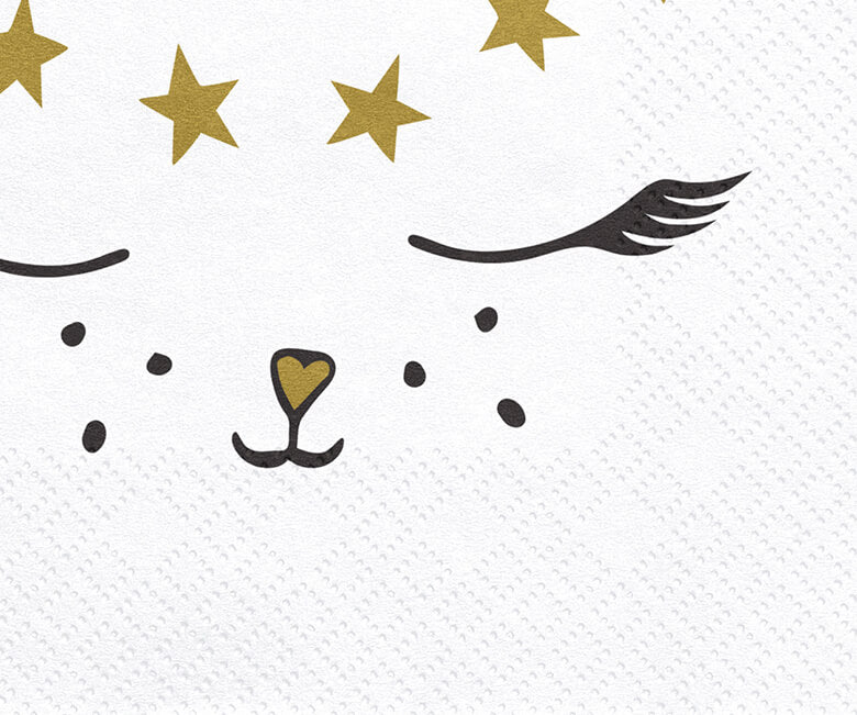 close up of Party Deco - Cat Napkins. These cat napkins feature an adorable illustrated face with pink ear and gold stars in the front and 'meow' in the back are puuurfect for your cat themed party!
