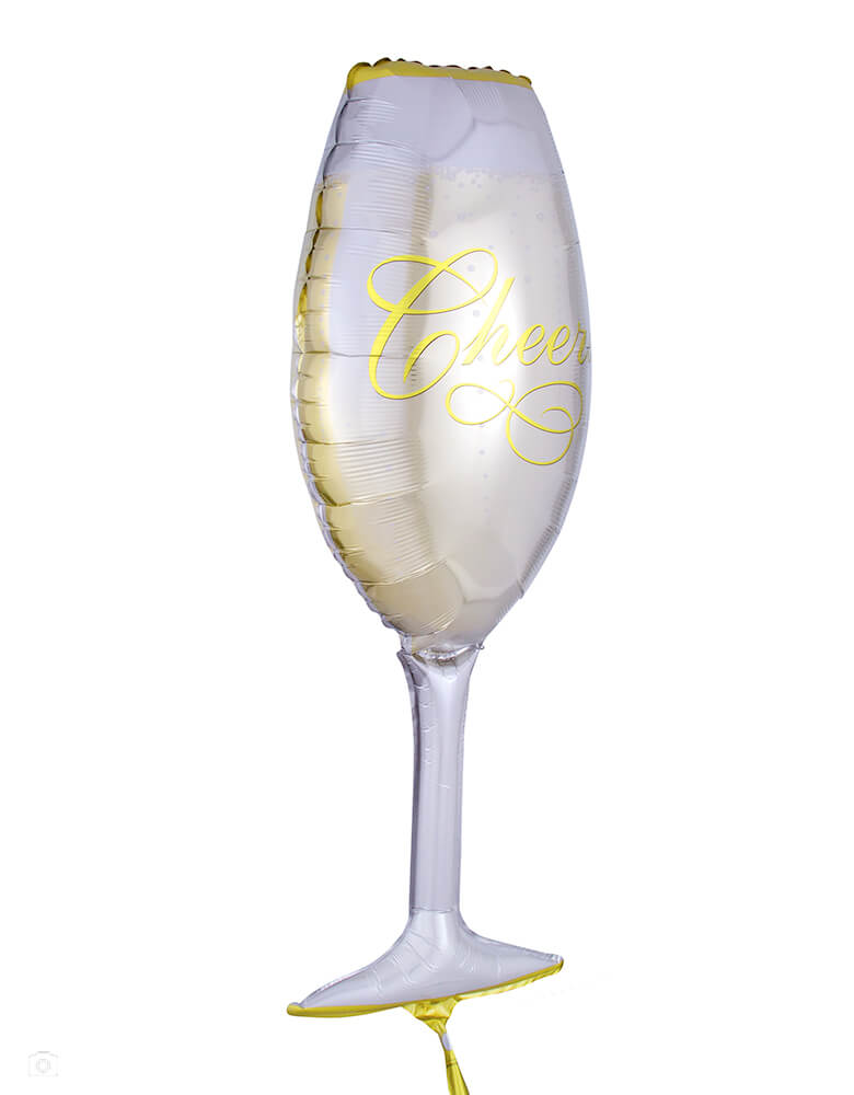 Anagram Balloons - 06195 Bubbly Wine Glass SuperShape™ XL® P30. Accent your New Year's Eve celebration, bridal shower or wedding with this 38" large unique shape champagne glass foil mylar balloon with "Cheers" gold text on it!