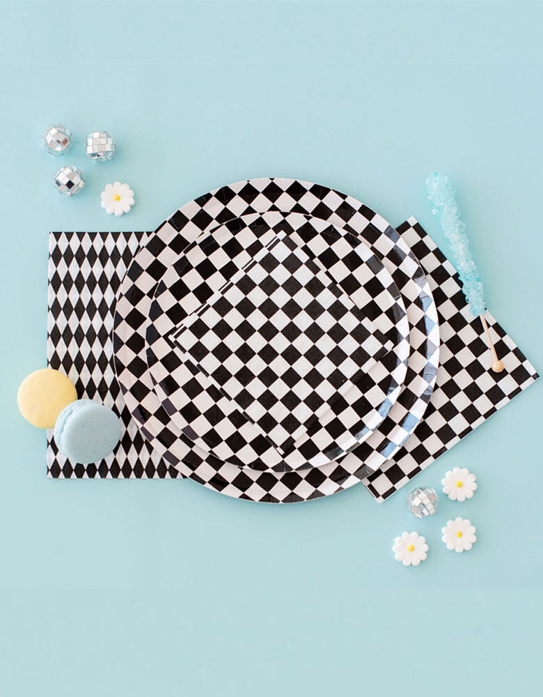Jollity Check It! checkered print plates and napkins are perfect for mixing and matching with your favorite party pieces or used as stand-alone items.