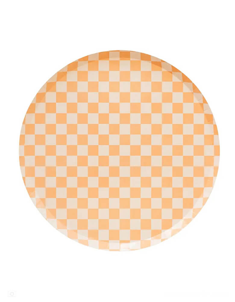 Momo Party's 10" peach checkered dinner plates by Jollity Co. Inspired by the classic skater shoe, this Check It collection is sure to make your party checklist! The two-tone plates and checkered print dinner plates are perfect for mixing and matching with your favorite party pieces or used as stand-alone items.