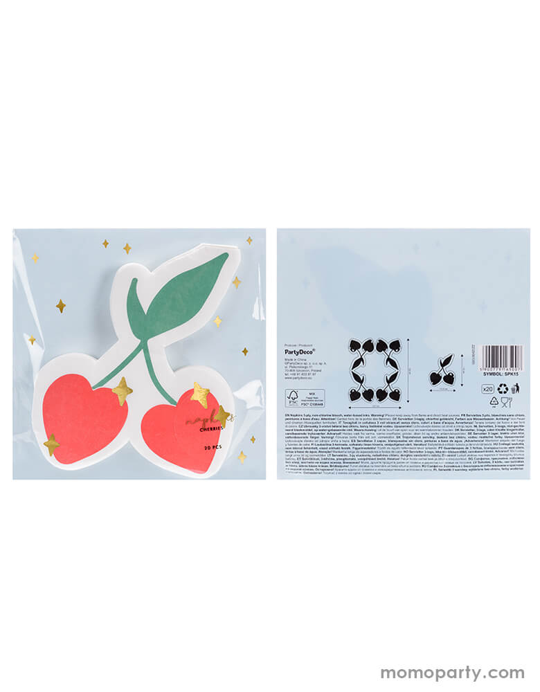 Front and back look of Party Deco's Cherry Napkins in its packaging, featuring heart shaped cherry die cut napkins with gold foil starpoint details. Accent your fruit themed party these adorable cherry shaped napkins. They are also great for a Valentine's/Galentine's Day celebration, or any fun celebrations in summer!
