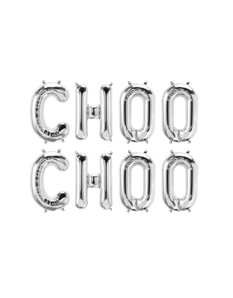 Choo Choo Mylar Balloon Set. Featuring 16 inches silver Northstar letter Balloons spells as "choo choo". They are an elegant touch to any train theme or second birthday gala.