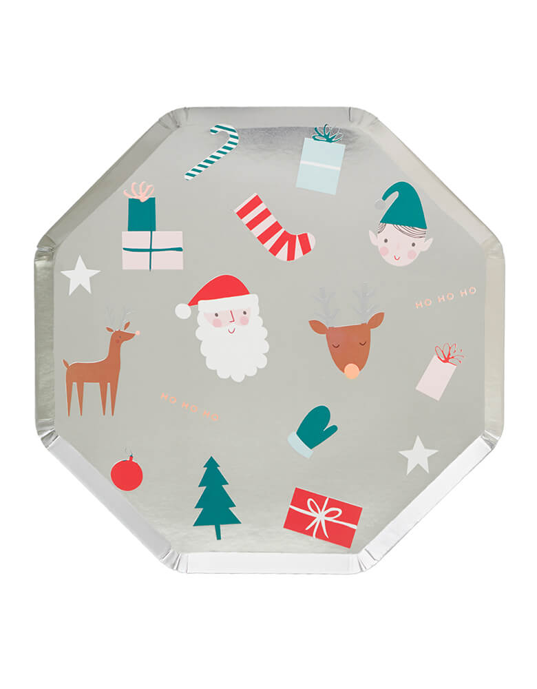 Meri Meri Christmas Festive Dinner Plates in Silver with Christmas elements including Santa, elf, Christmas tree, stocking, reindeer, etc