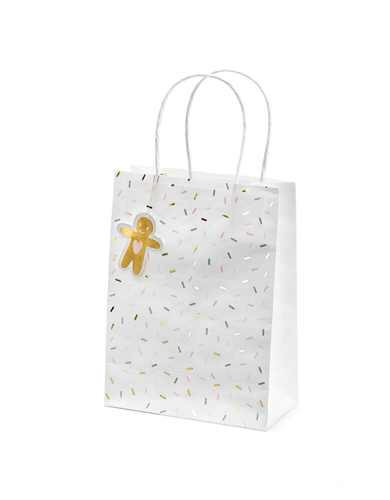 Party Deco Christmas Gift Bags - party bags with a gingerbread man shaped gift tag on the pink gold green colored sprinkles designed white bag