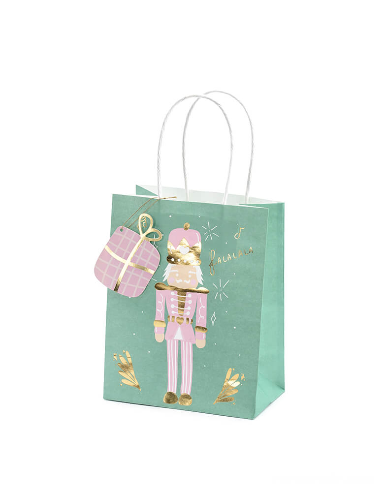 Party Deco Christmas Gift Bags,  a gift bag shaped gift tag on the pink nutcracker designed green paper bag, with gold foil sprinkler and Falalala wording