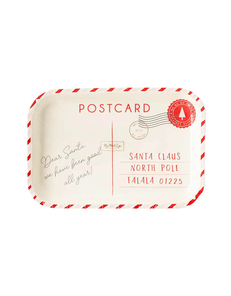 My Minds Eye’s unique Believe postcard plates its great for a winter-themed or Santa-themed Christmas holiday party. Celebrate away with these vintage-inspired plates that come shaped like a postcard with a message to Santa to be delivered to the North Pole. The plates are a set of 8, red and sized 9.75 x 6.75 inches and perfect to hold delicious cookies, treats, and other yummy party favorites.