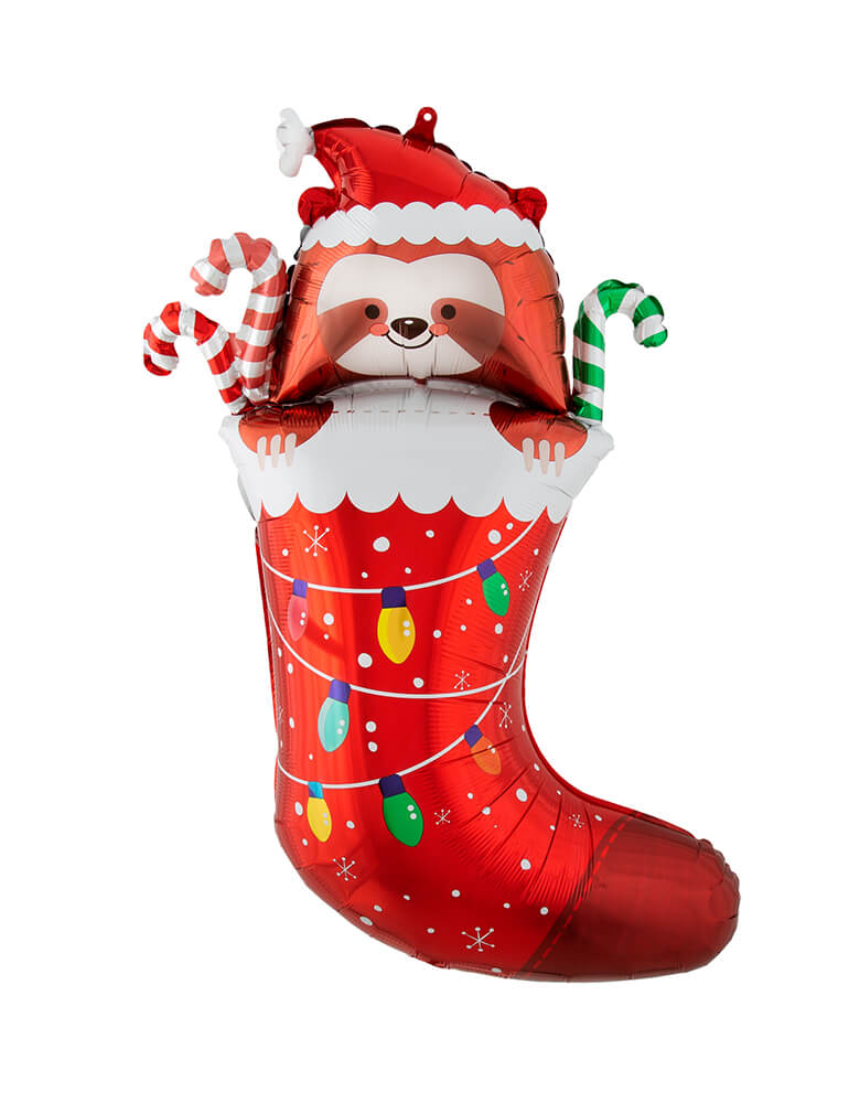 Anagram Balloons - 42044 Sloth Stocking SuperShape™ P30. This 31 inches Christmas Sloth Stocking Foil Mylar Balloon, featuring an adorable little sloth wearing a Christmas hat surrounded with delish candy canes, seated in a apple red Christmas stocking! Sloth is here to remind you to relax, take things a little slower and enjoy all the celebration this Christmas season! Accent your Christmas & winter themed party with this adorable sloth stocking foil mylar balloon