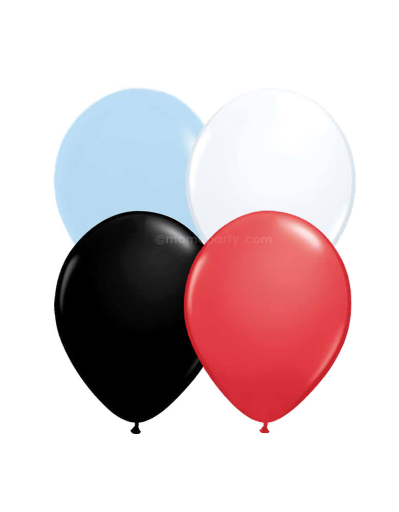 Classic-Train-Latex-Balloon-Mix by Momo Party, including assorted matte blue, red, black and white balloon