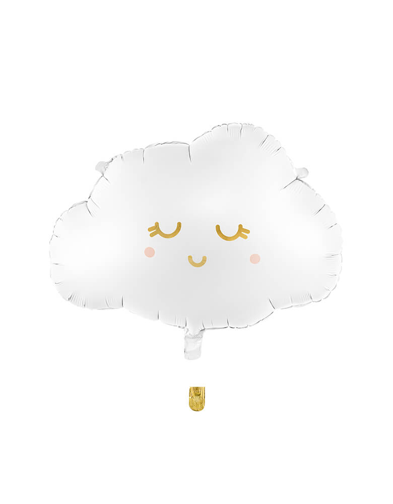 Party Deco's 20" x 14" satin/matte cloud shaped foil balloon with a sleeping and smiley face in gold foil detail., a perfect balloon that sets up a scene for a kid's rainbow themed birthday party or a baby shower