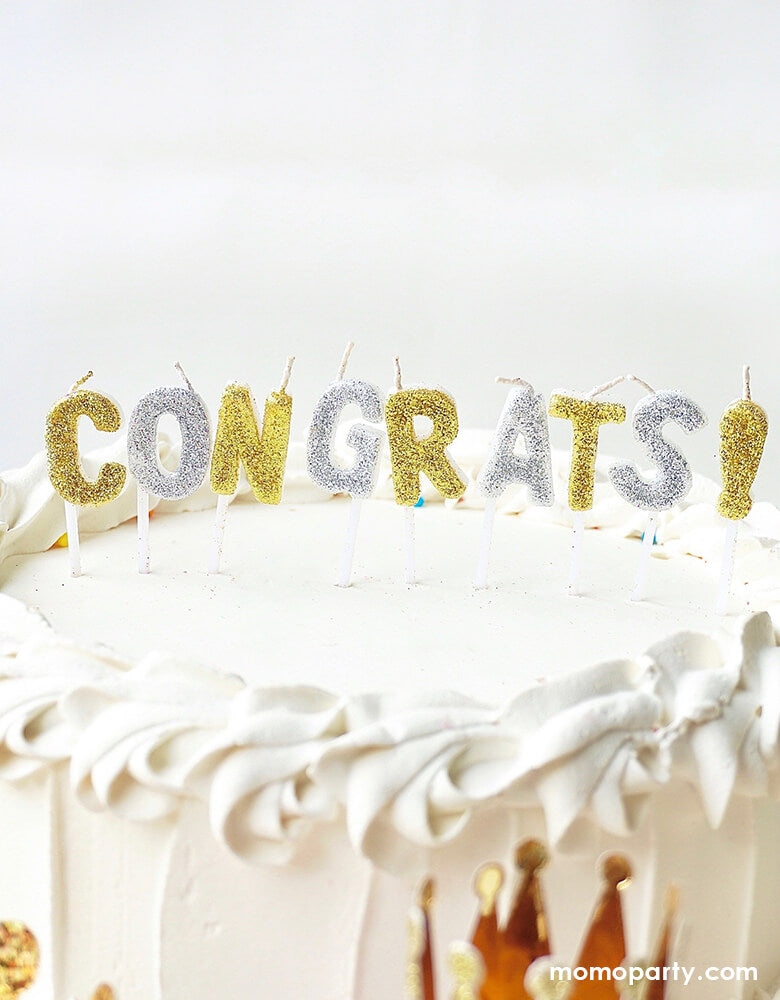 Buttercream Cake with Party Partners Congrats Candle Set. These glitter candles that spell out 'CONGRATS!' There are perfect for a fun graduation party, or any celebration 