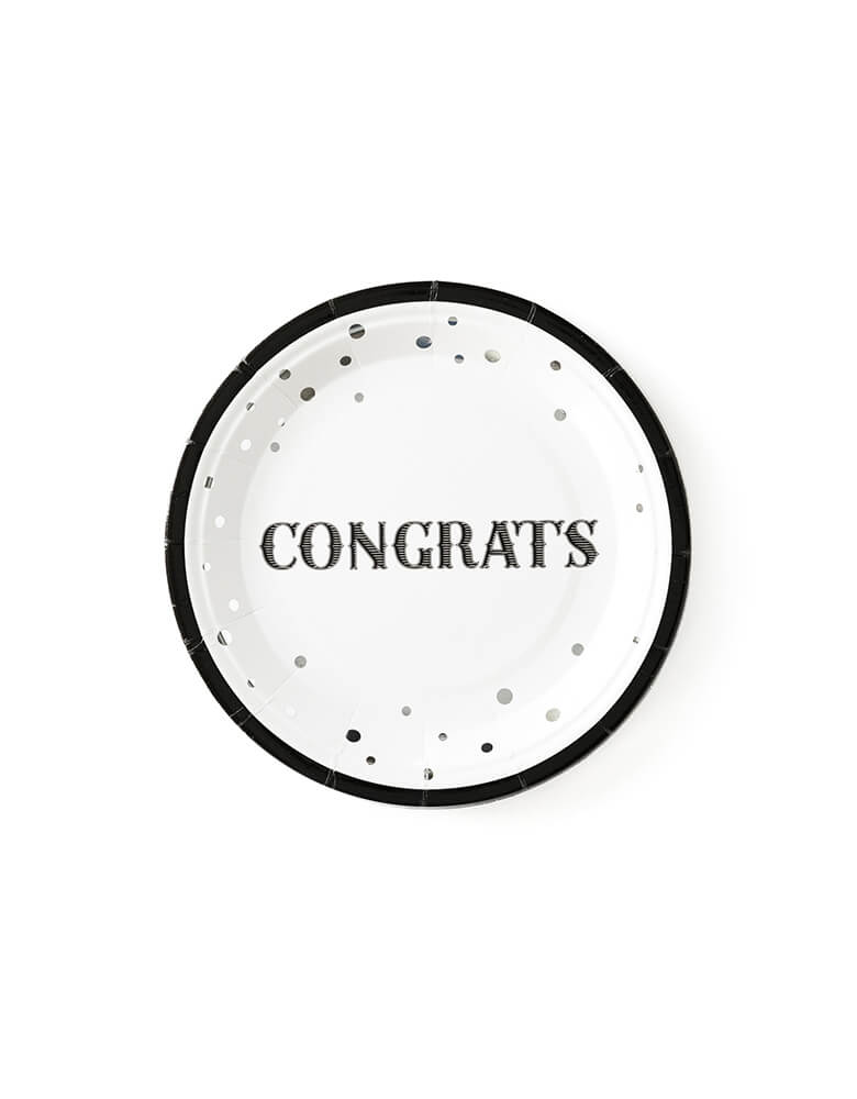 My mind's eye - Congrats Plates. These 7" silver foiled paper plates, Designed in basic black and white with foil accents, with a word "congrats" text in the middle