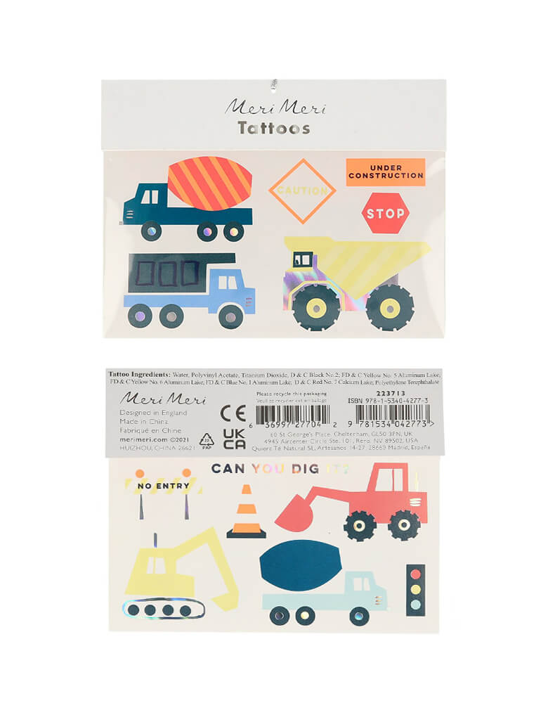 Construction Tattoos by Meri Meri. Set of two. These beautifully illustrated construction temporary tattoos are a fun way to look super cool! They are brightly colored and have shiny silver foil details too. Suitable for children. Perfect for a construction themed birthday party favor, dig in party activities