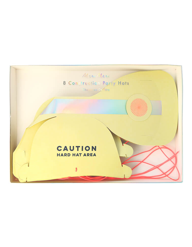 Meri Meri Construction Party Hats. Pack of 8 in a box. They are crafted from high quality card and feature the words "Caution. Hard Hat Area" in the side of the hat. They have lots of shiny silver holographic foil for a fabulous effect, They are comfortably kept in place with bright orange elastic. This is perfect and eco friendly hat for little guesses for a dig in construction party