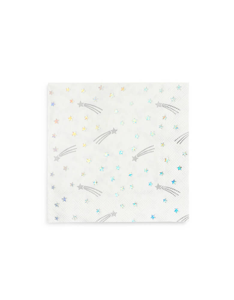 Day Dream Society Cosmic Large Napkins, Set of 16,  illustrated by hello!lucky for daydream society, reach for the stars! featuring a mix of holographic silver foil and metallic silver ink, we are all starry-eyed over these napkins. These napkins are simply perfect for a modern space or Star Wars themed celebration!