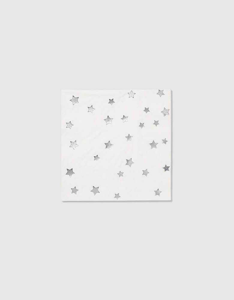 Coterie-5" Silver-Star-Small-Napkins featuring a mix of holographic silver foil and metallic silver ink, these napkins are perfect for a space, superhero, Star Wars themed party or a 4th of July celebration! 