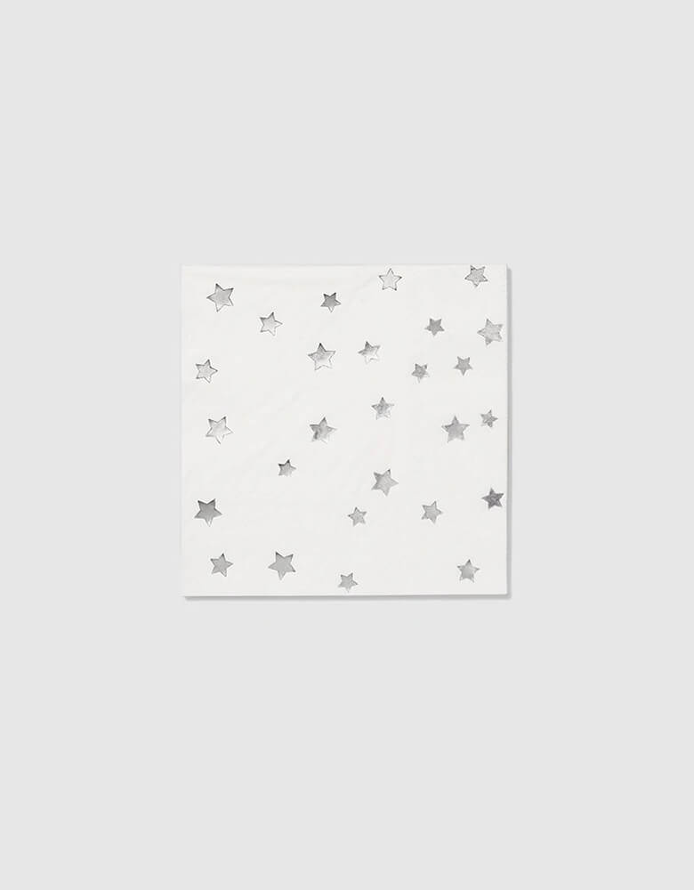 Coterie-5" Silver-Star-Small-Napkins featuring a mix of holographic silver foil and metallic silver ink, these napkins are perfect for a space, superhero, Star Wars themed party or a 4th of July celebration!