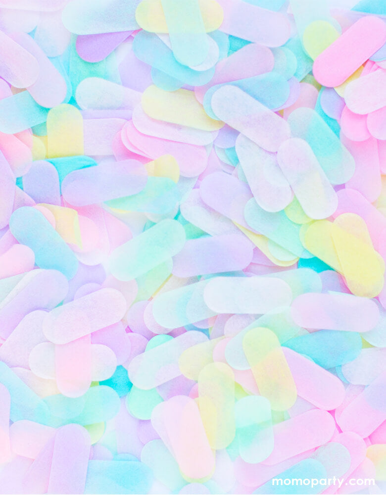 Adorable sprinkle-shaped confetti in a perfect color combo of pink, light pink, pastel yellow, mint, aquamarine, lilac. Pressed from American-made premium tissue paper. It's perfect for a sweets or ice cream themed party! 