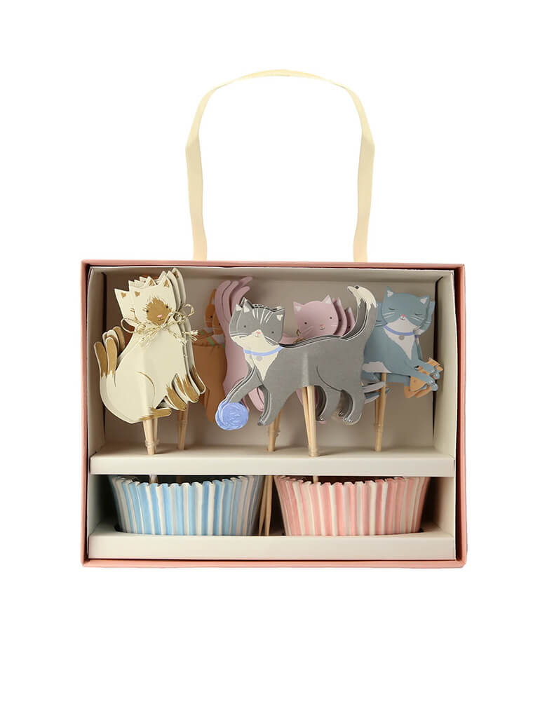 Momo Party's Cute Kitten Cupcake kit by Meri Meri, comes in 24 toppers in 5 designs of adorable cats in soft colors, this set is perfect for kid's kitten or cat themed birthday party.